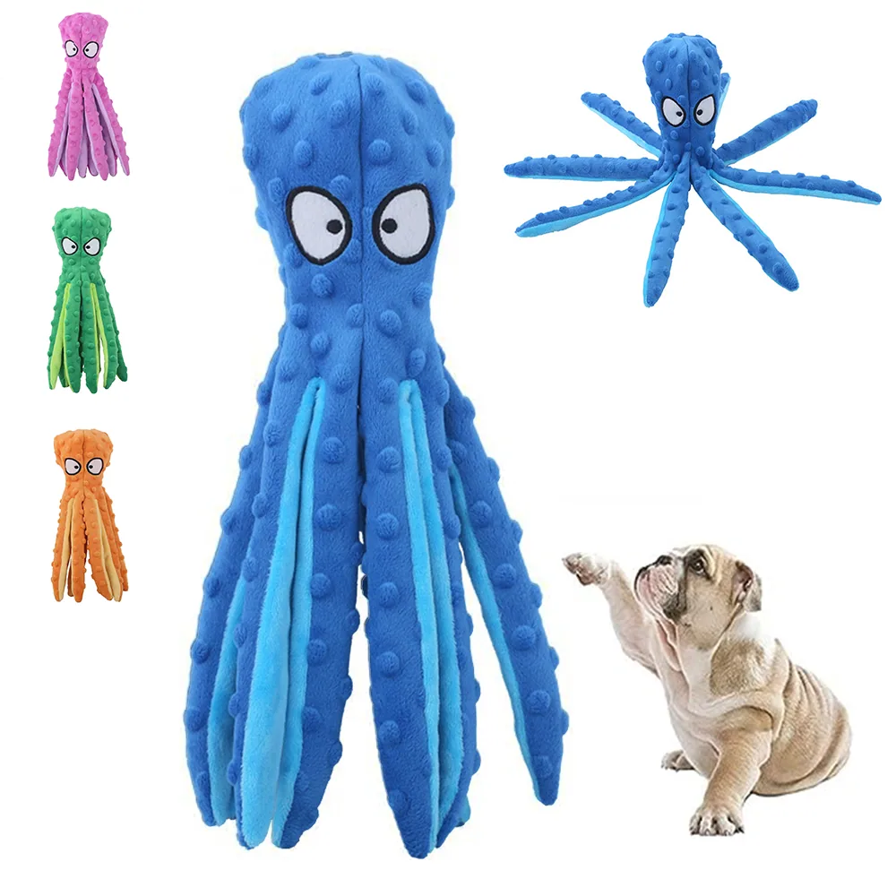 Blue plush octopus dog toy with variations and a puppy