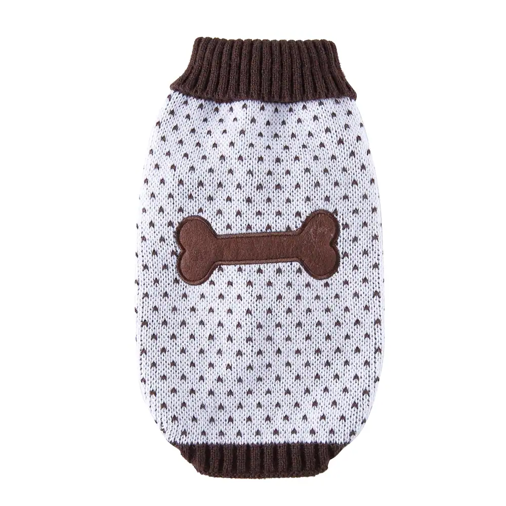 White knitted dog sweater with brown ribbed collar and hem, featuring a brown bone-shaped patch on the chest.