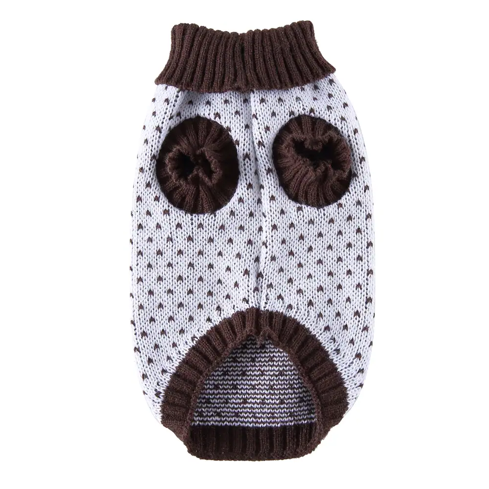 White knitted dog sweater with brown trim and small dark pattern