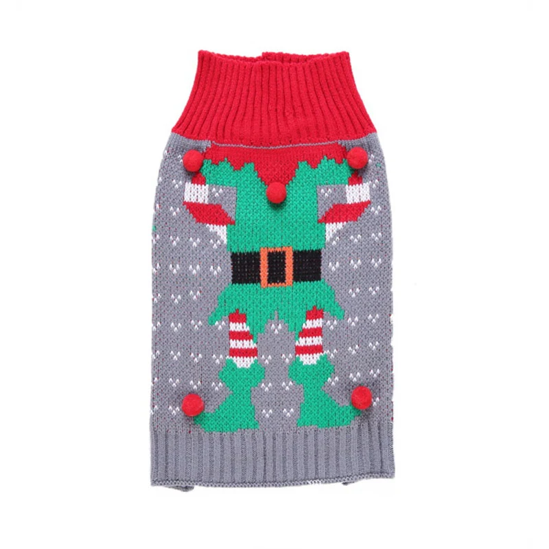 Grey knitted dog sweater with red collar and elf design with 3D pom-poms.