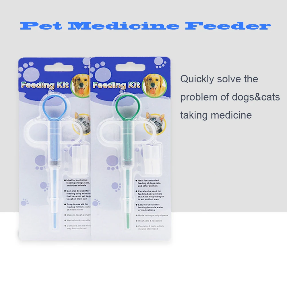 Two blister packs of pet medicine feeding kits with blue and green plungers.