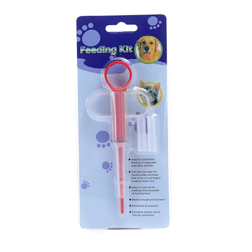 A packaged pet feeding kit containing a syringe and accessories.