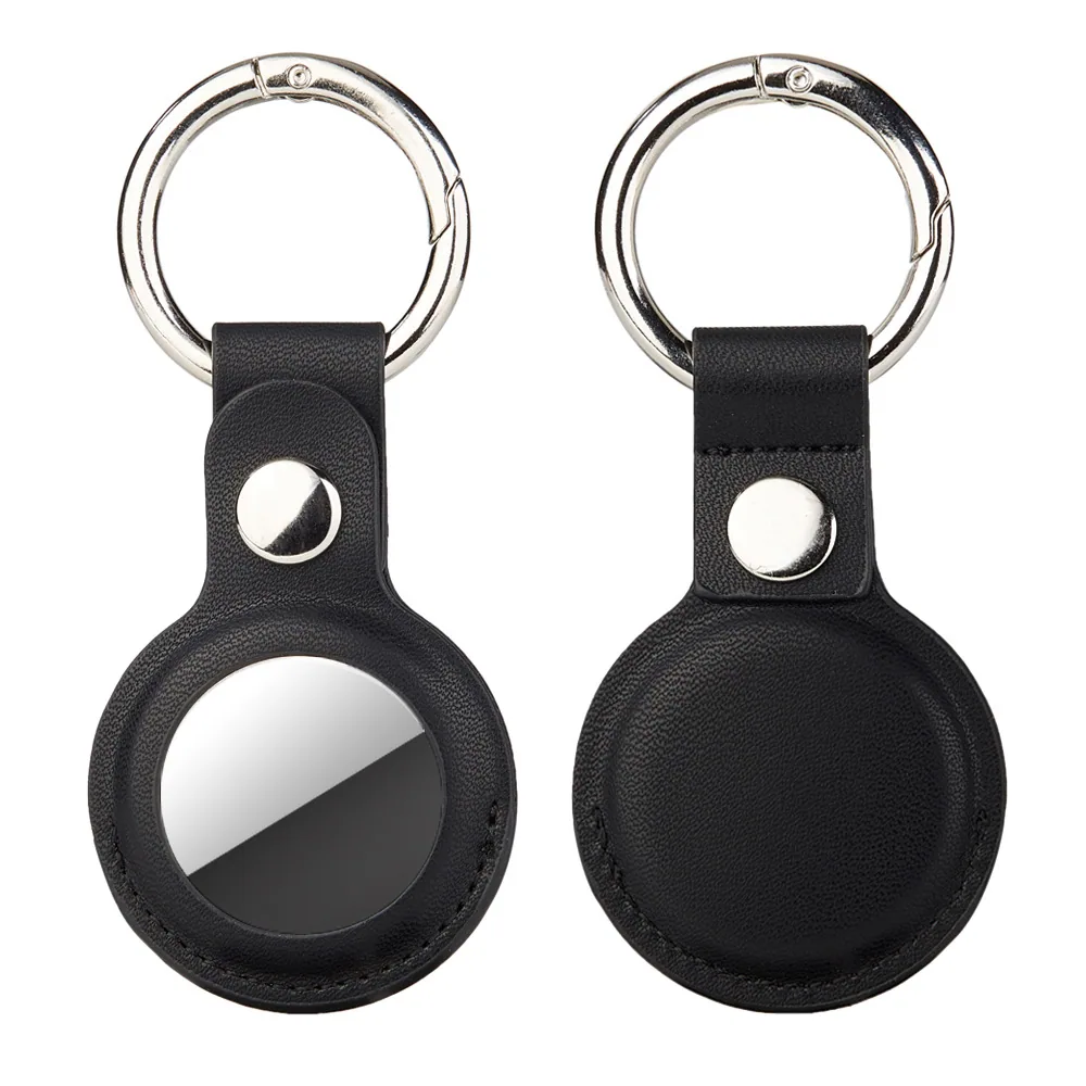 Front and back view of a black leather keychain case with silver metal ring and button