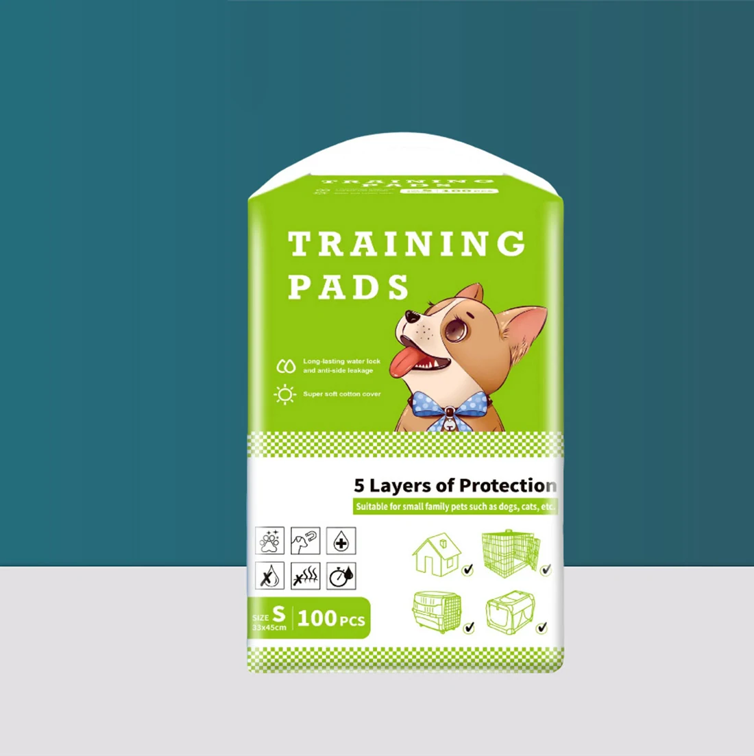 Green and white packaging mockup for dog training pads