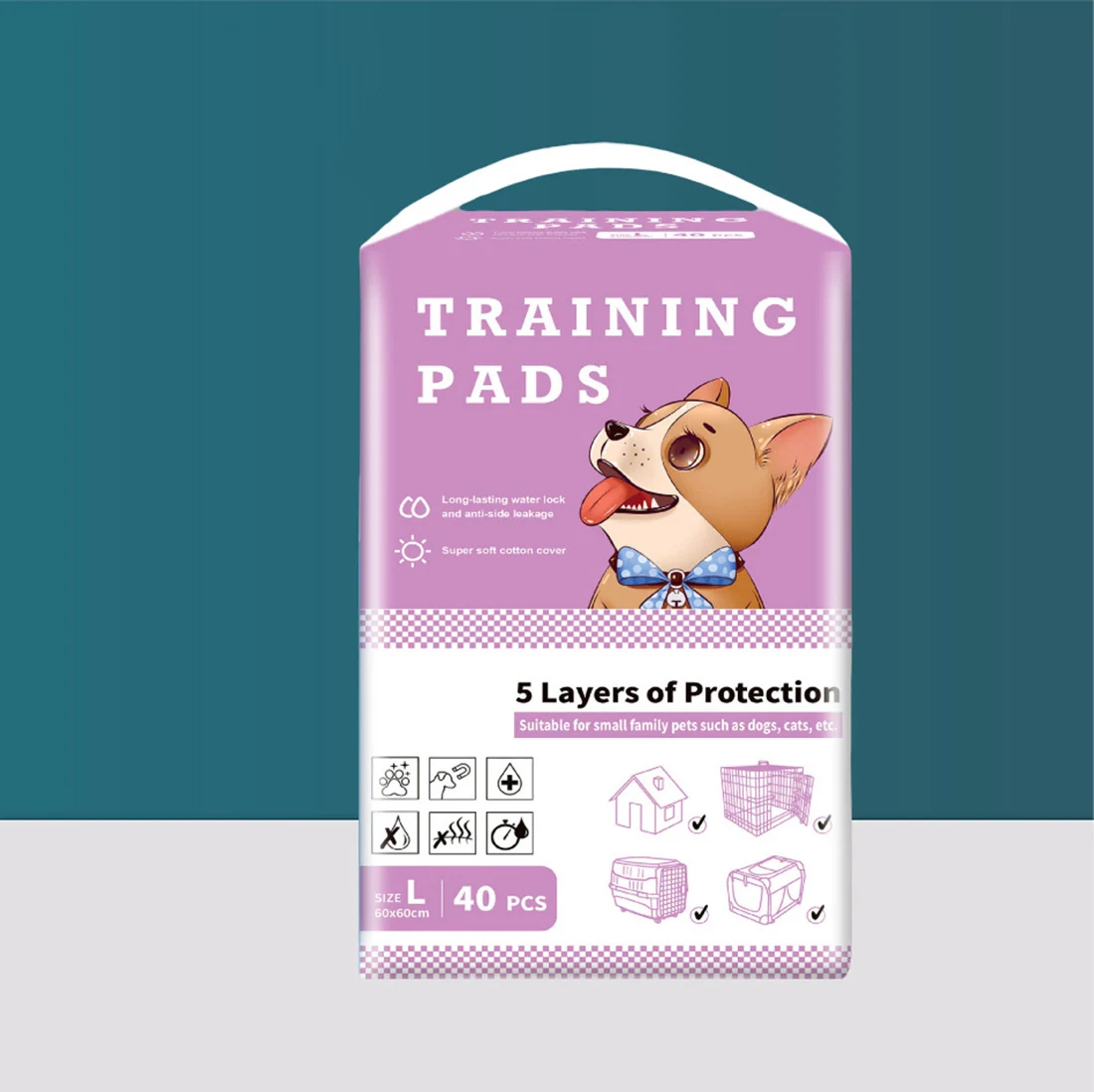 A package of dog training pads featuring a cartoon dog and product details.