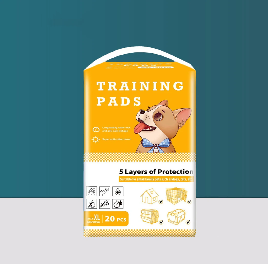 Packaging for pet training pads featuring a cartoon dog and product information.