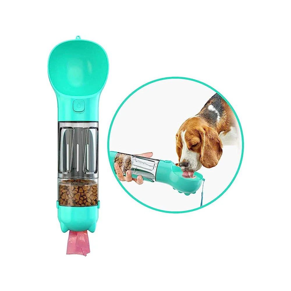 A teal handheld dog water bottle with a food container and a circular inset showing a beagle drinking from it.