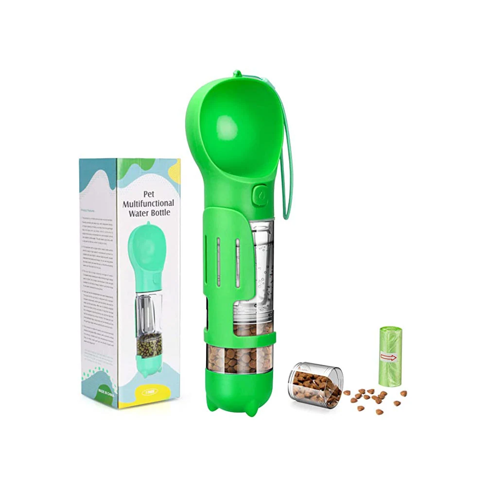 Green multifunctional pet water bottle with food storage shown with packaging and kibble.