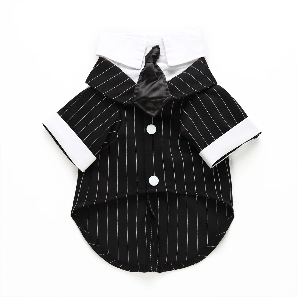 Black pinstripe pet costume with white collar, cuffs, and a satin tie