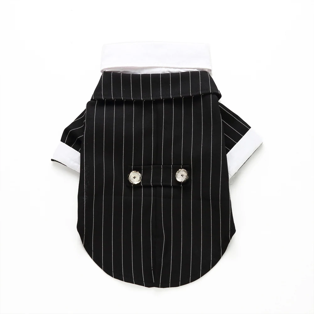 Black pinstripe dog shirt with a white collar and cuffs, featuring two buttons on the back.