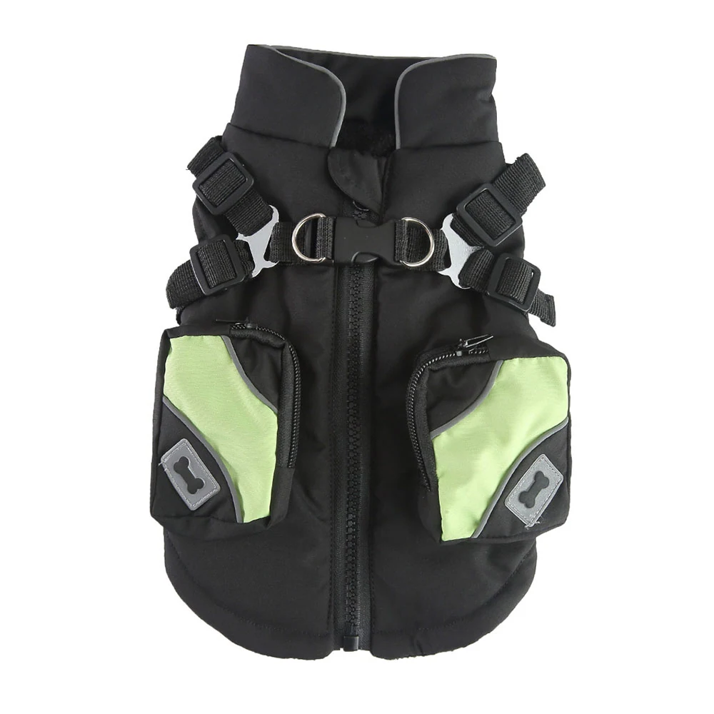 Black dog vest with lime green pockets and bone-shaped reflective patches