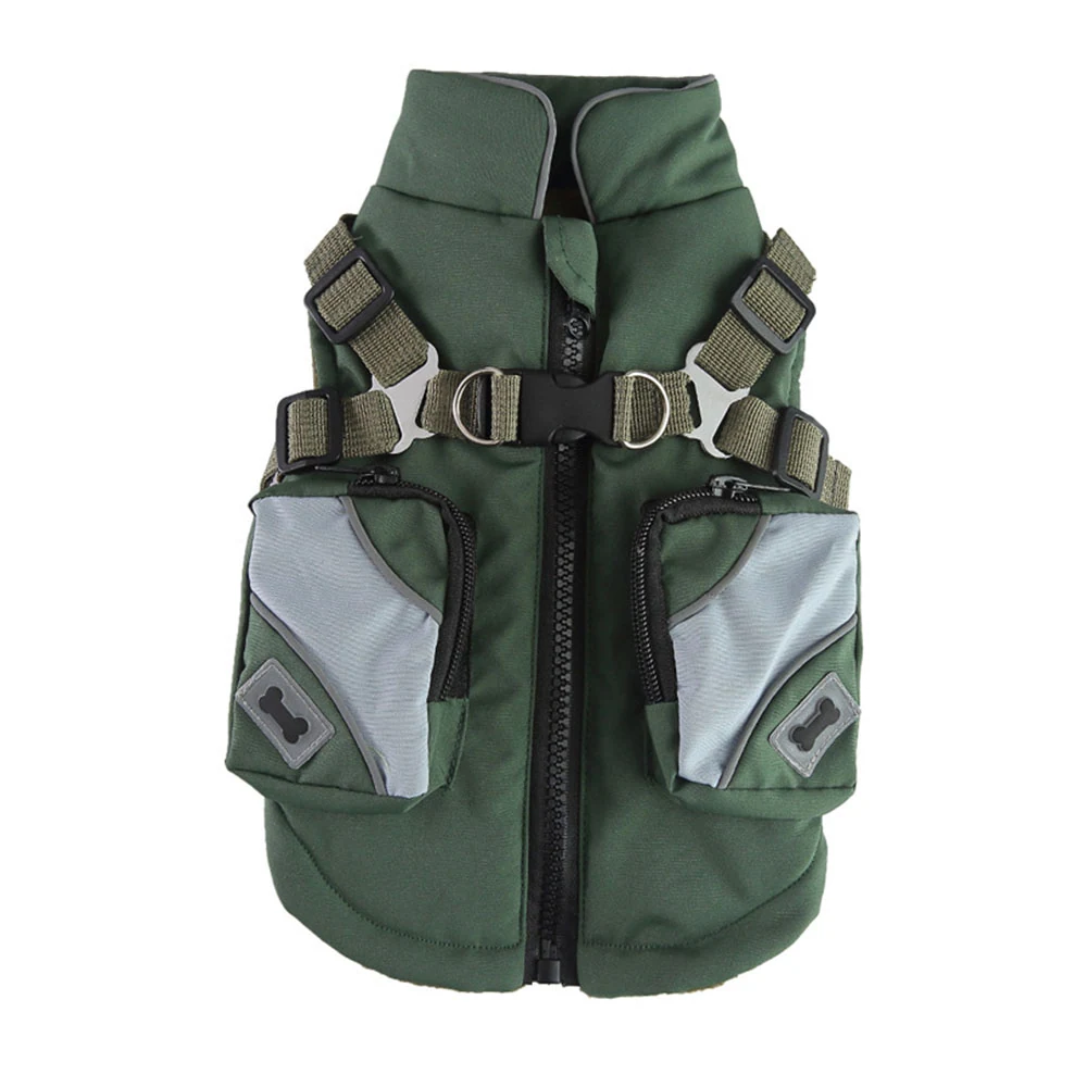 Green tactical dog vest with front zipper, grey mesh pockets, adjustable straps, and metal D-rings.