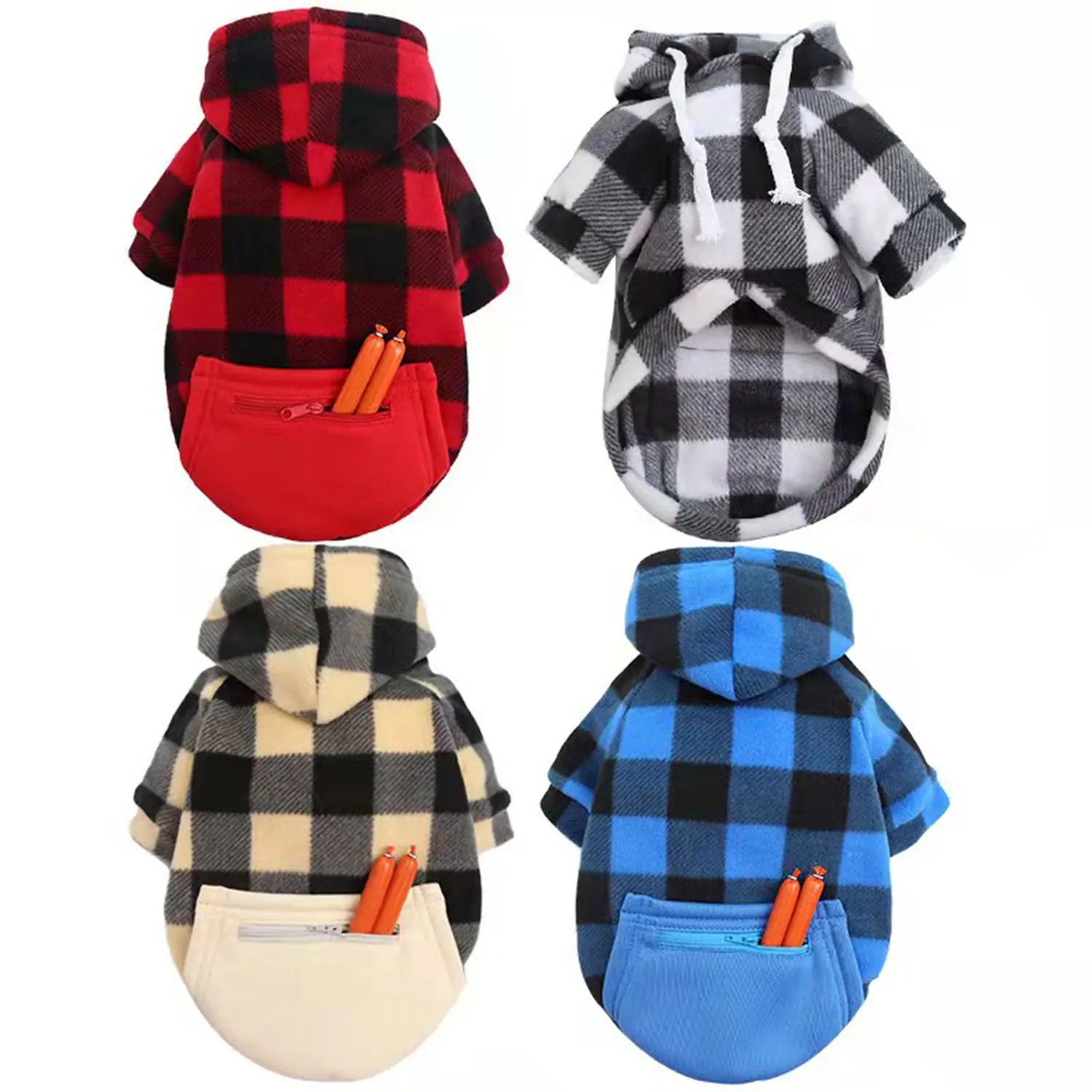 Four variations of hooded flannel shirts with front pockets containing carrots, displayed on a white background.