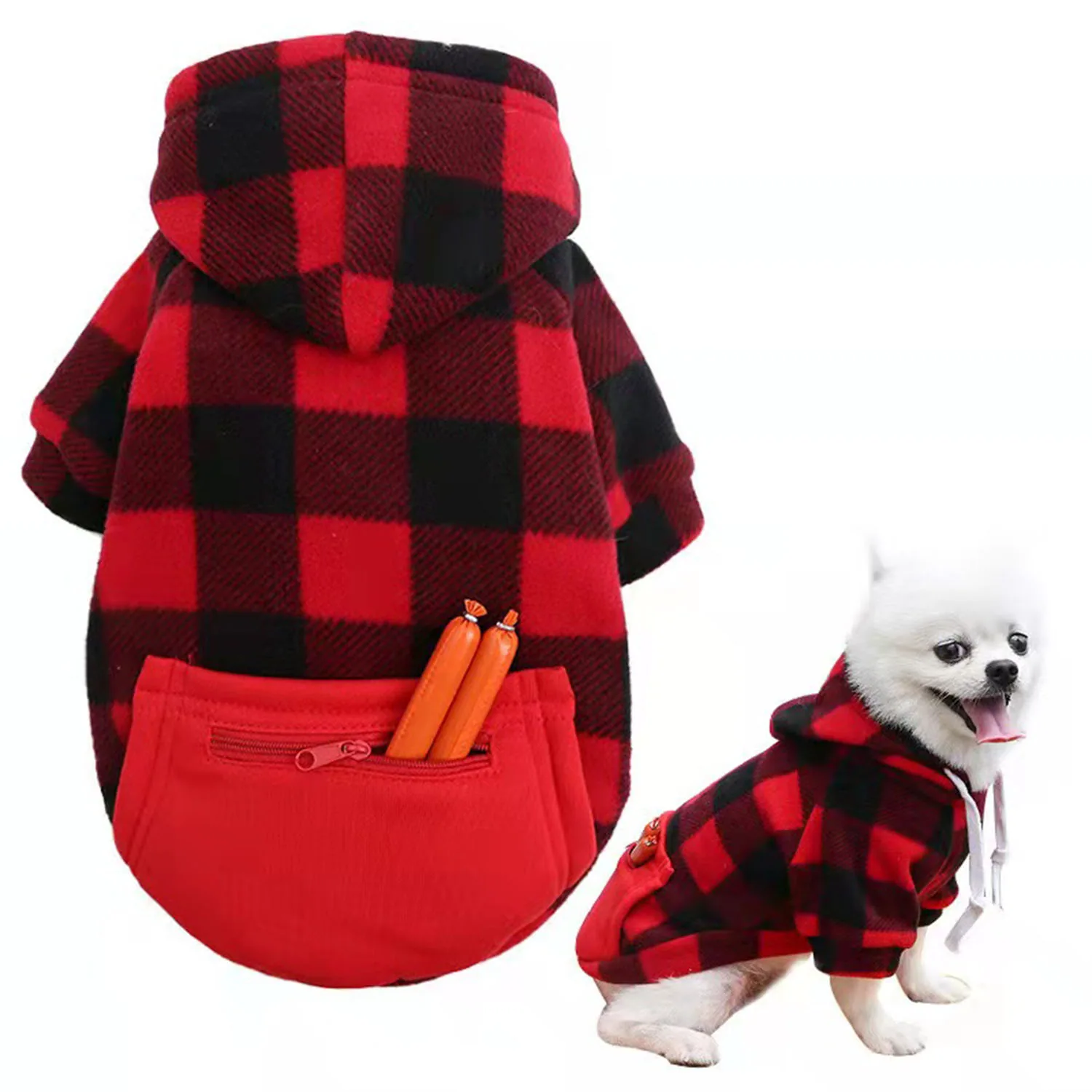 Red and black plaid hooded dog coat with a front pocket containing toy sausages, shown on a white Pomeranian