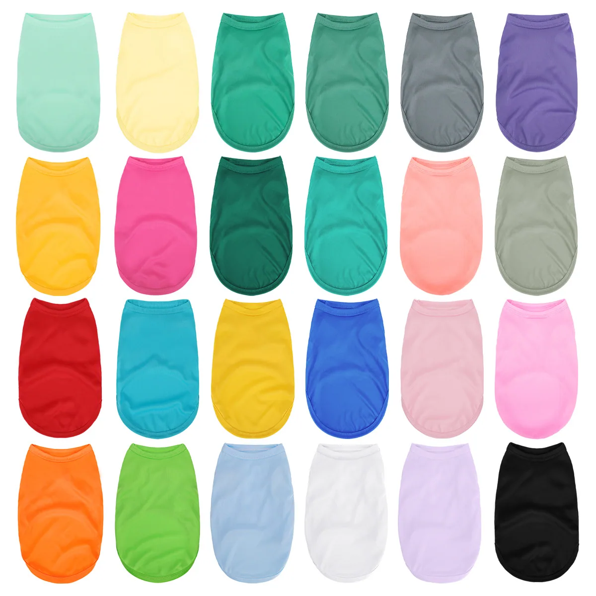 Grid of twenty-four solid colored dog shirts in various shades