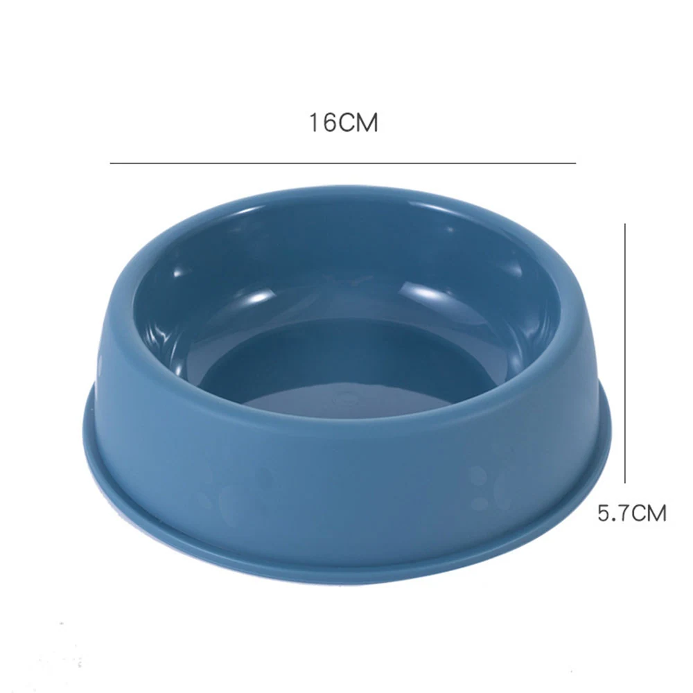 Blue plastic pet bowl with paw prints on a white background, showing dimensions of 16cm diameter and 5.7cm height.