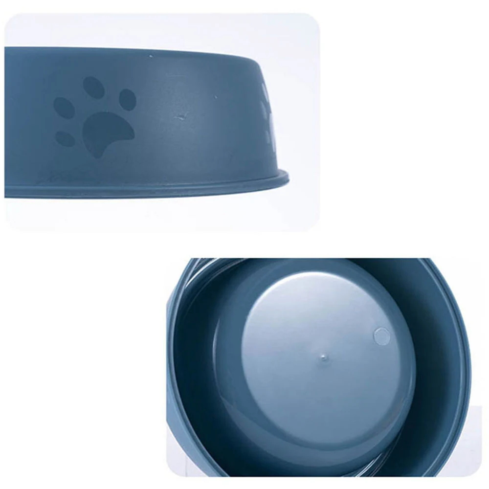 Two views of a grey pet bowl, one showing the side with a paw print icon and the other looking inside.
