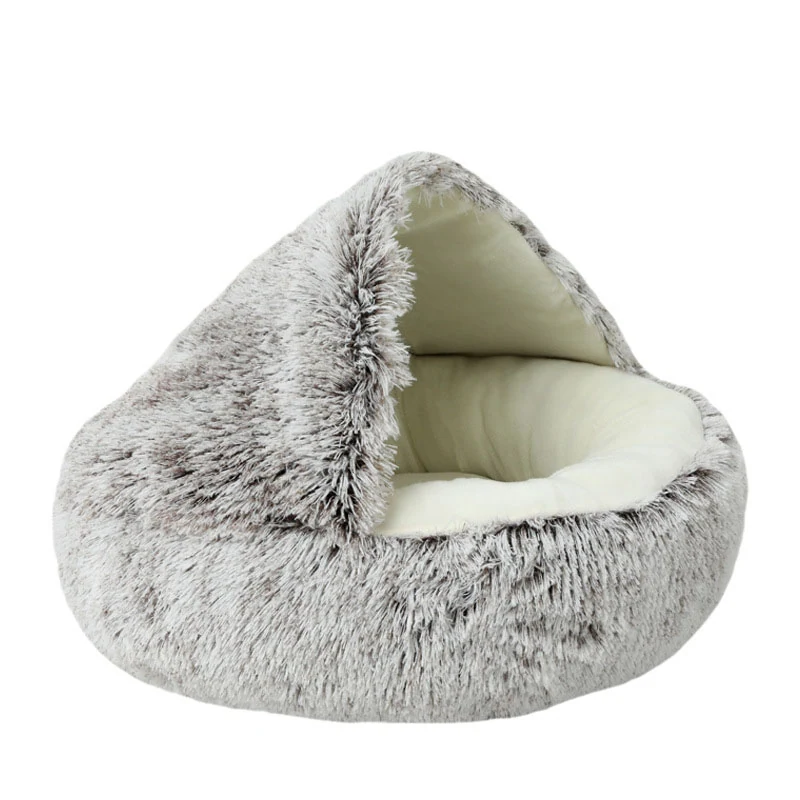 Grey fluffy pet bed with a hood and white interior lining