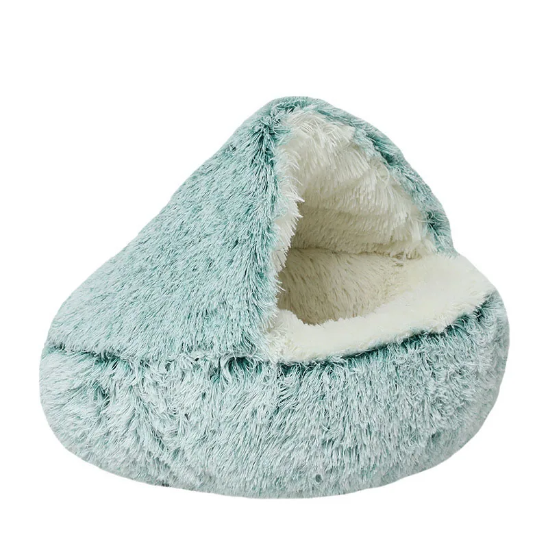 Teal plush pet bed with high back and white sherpa lining