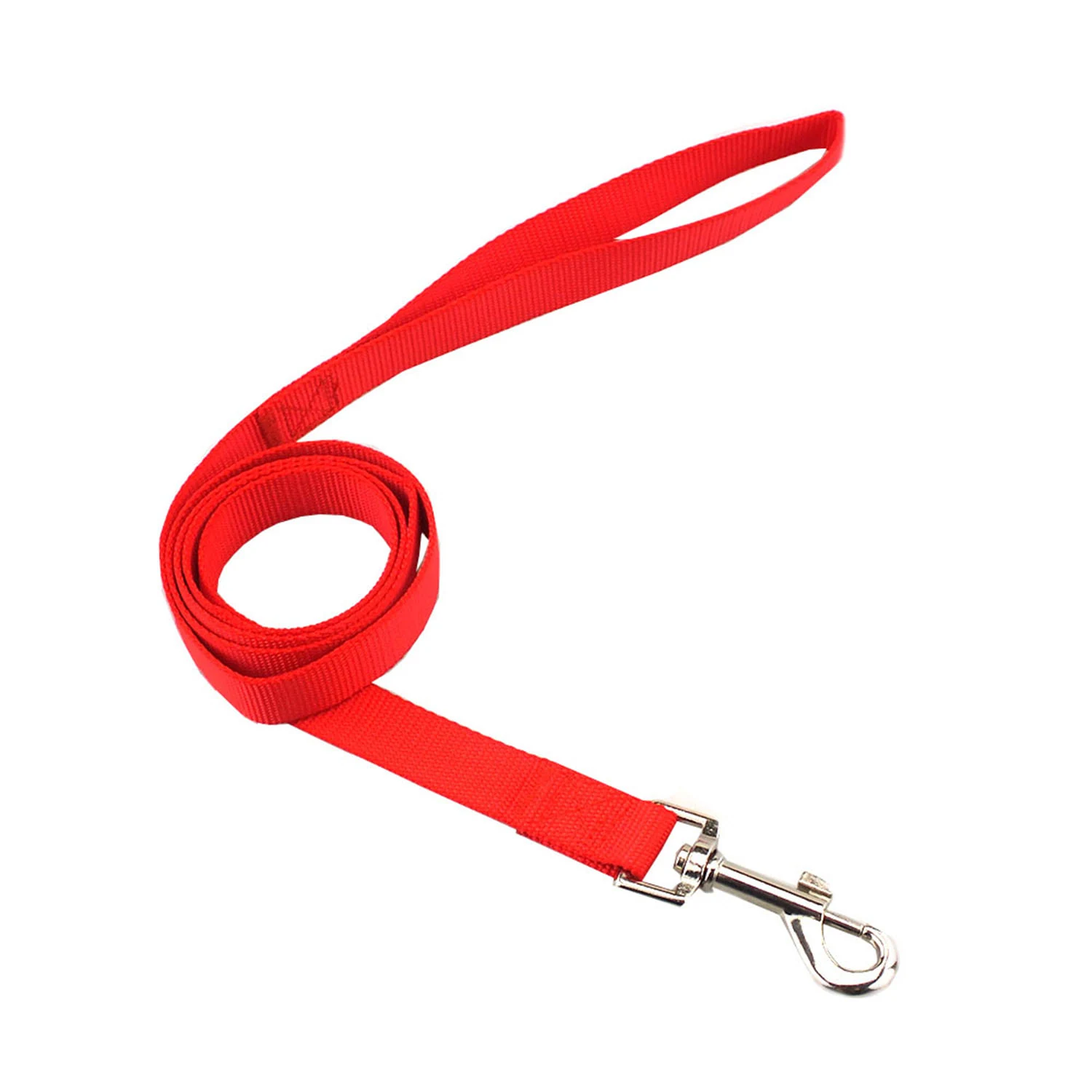 Red woven nylon dog leash with a silver metal snap hook, coiled on a white background.