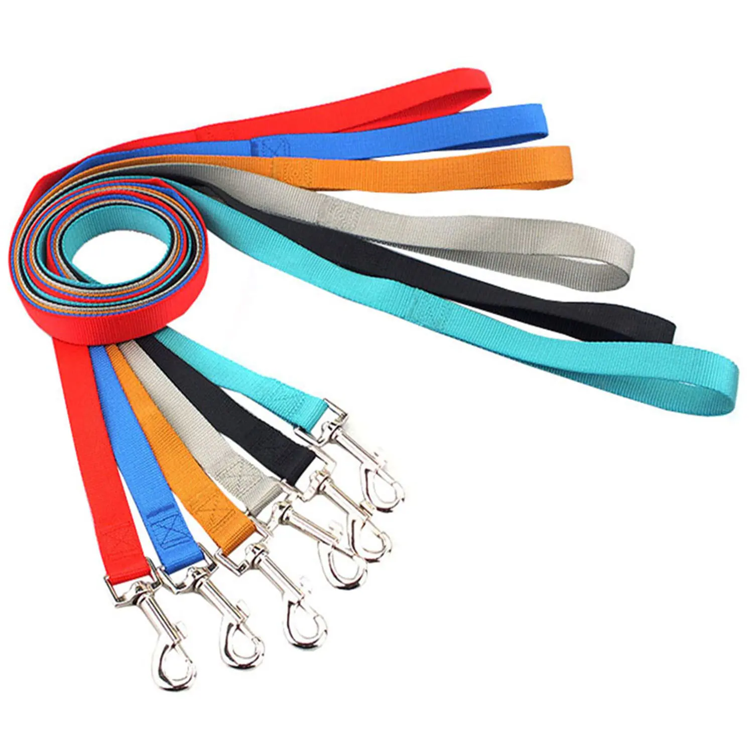 A bundle of colorful dog leashes with metal clips arranged in a coil on a white background.