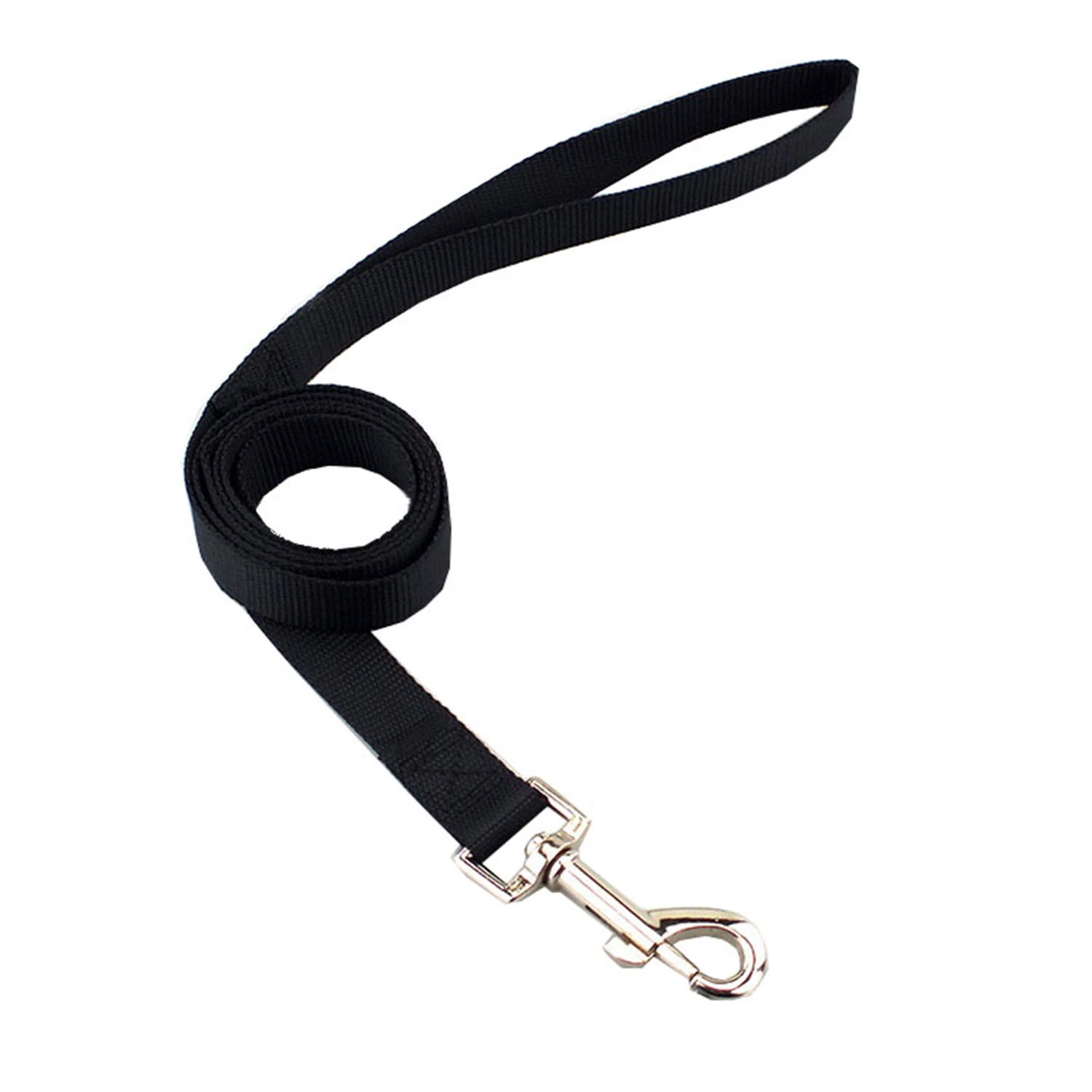 Black nylon dog leash with metal clasp coiled on a white background