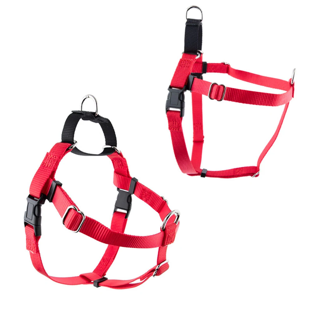 Red and black safety harness shown from front and side angles on a white background