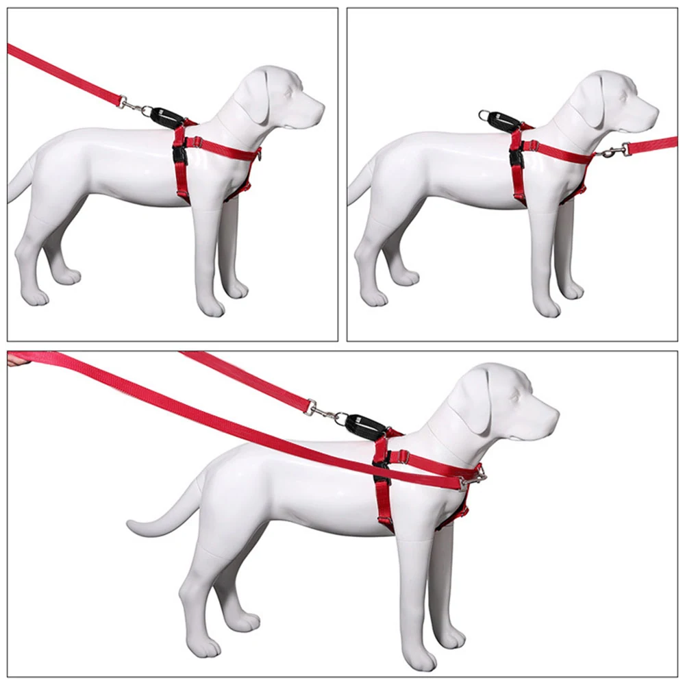 Red dog harness and leash displayed on a white mannequin dog in three views
