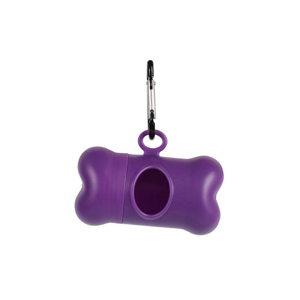 Purple bone-shaped pet waste bag dispenser with a metal clip on a white background.