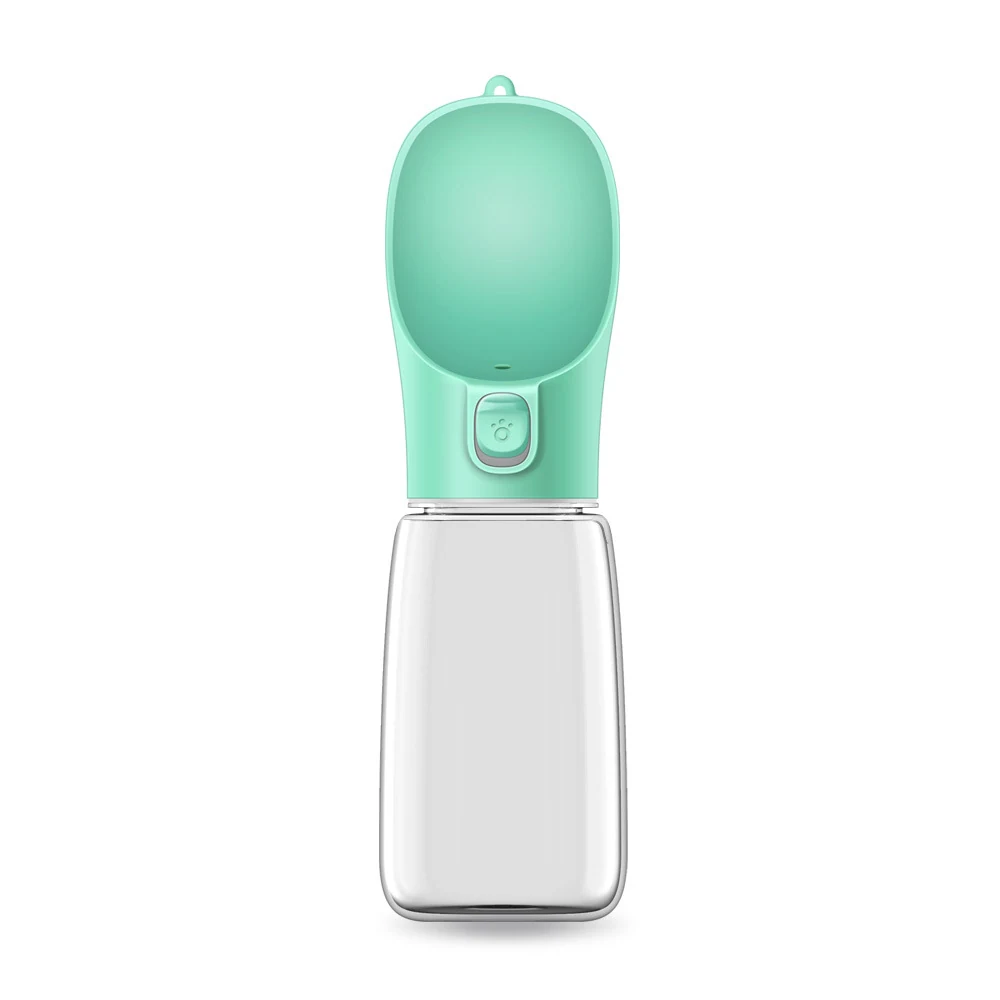 Portable mint green and clear plastic pet water bottle with integrated drinking cup