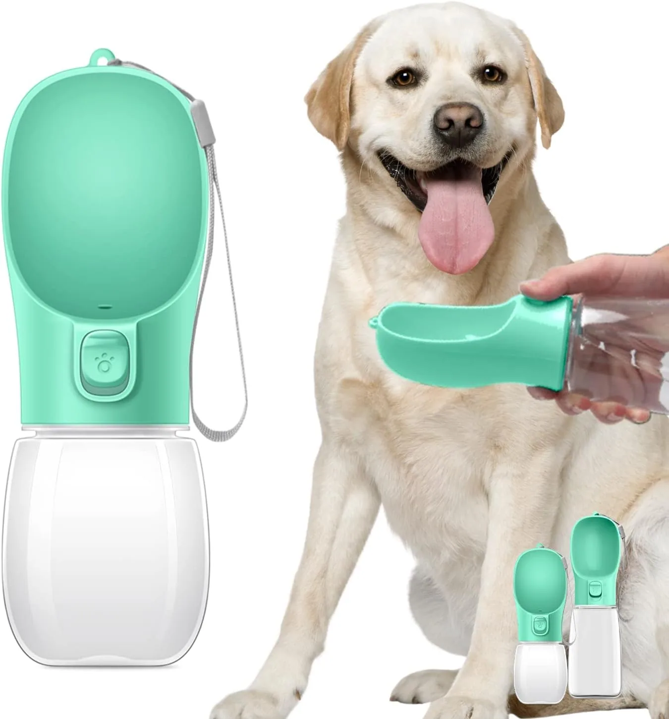 A mint green portable pet water bottle shown next to a golden retriever and a hand holding the attached drinking cup.