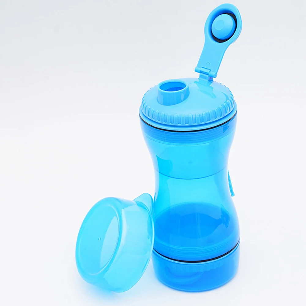Blue plastic shaker bottle with flip-top lid and screw base