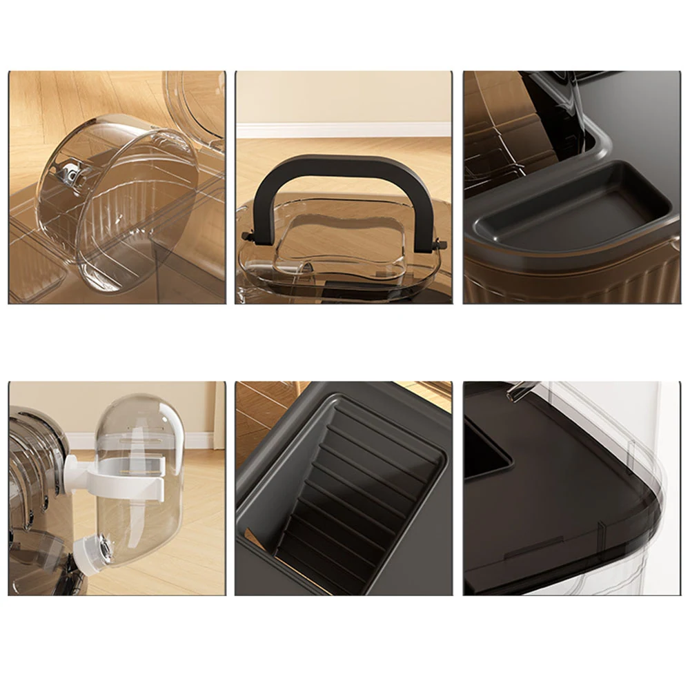Six-panel collage of close-up detail shots showing a clear plastic hamster exercise wheel and a black plastic pet cage base.