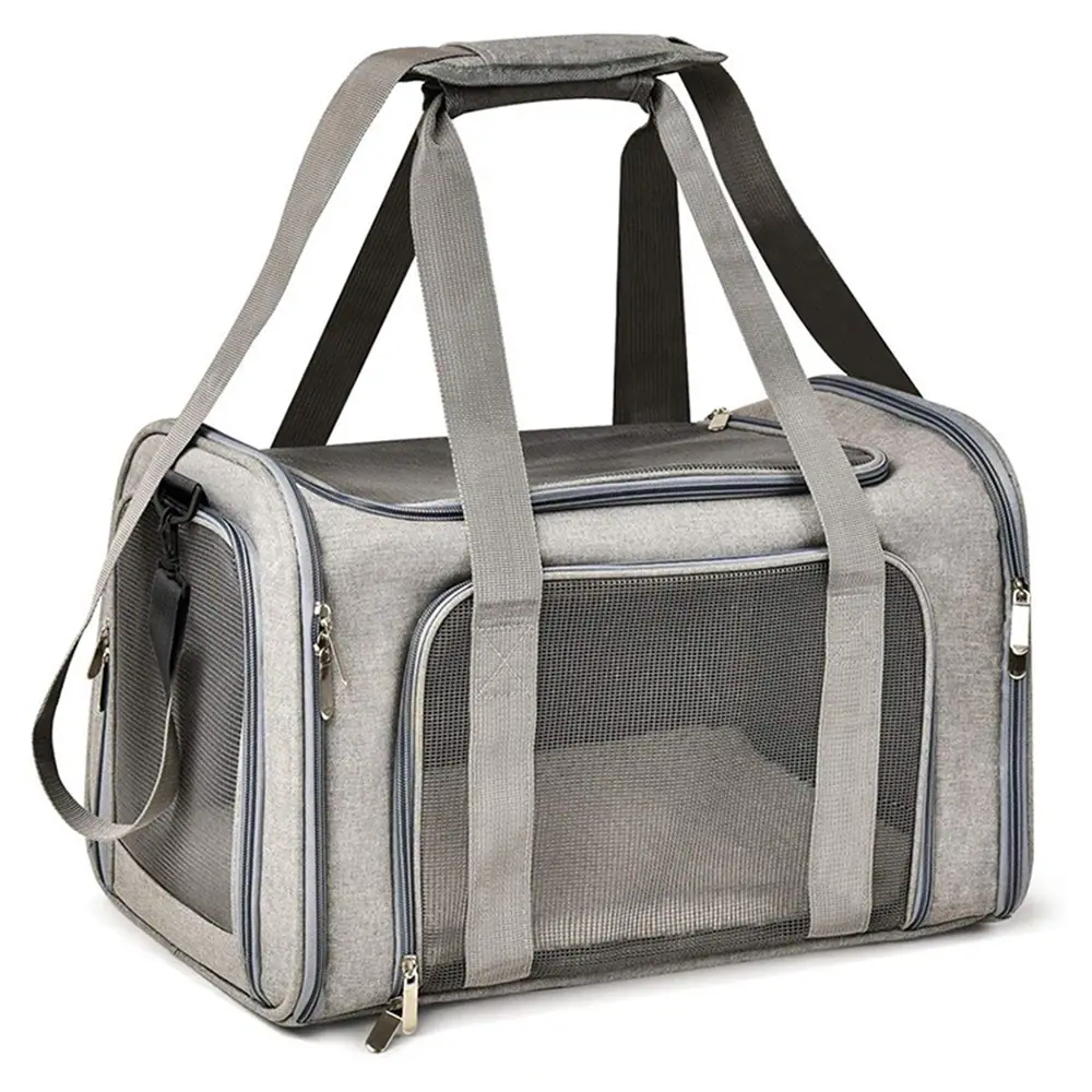 Gray soft-sided pet carrier bag with mesh ventilation windows and carrying handles.