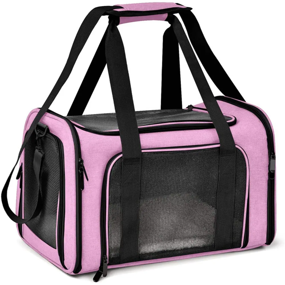 Pink and black portable pet carrier with mesh windows