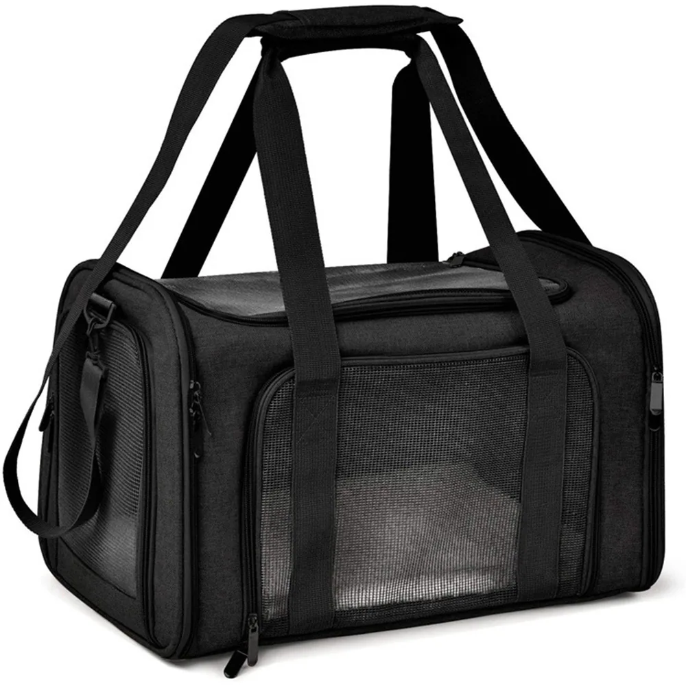 Black rectangular carrying bag with mesh side panels and dual webbing handles