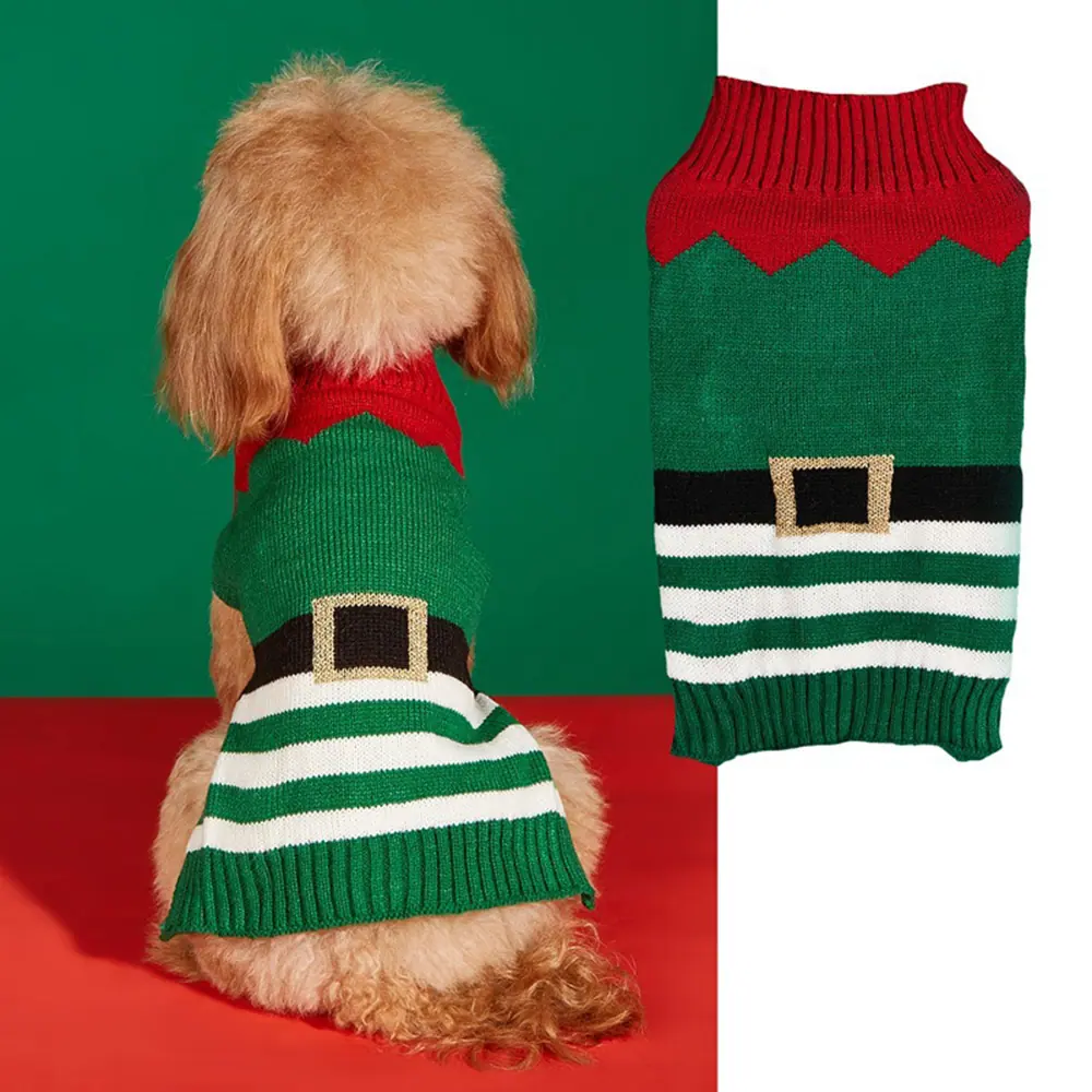 Elf costume dog sweater modeled on a small dog, shown with a separate view of the green, white, and red knit garment.