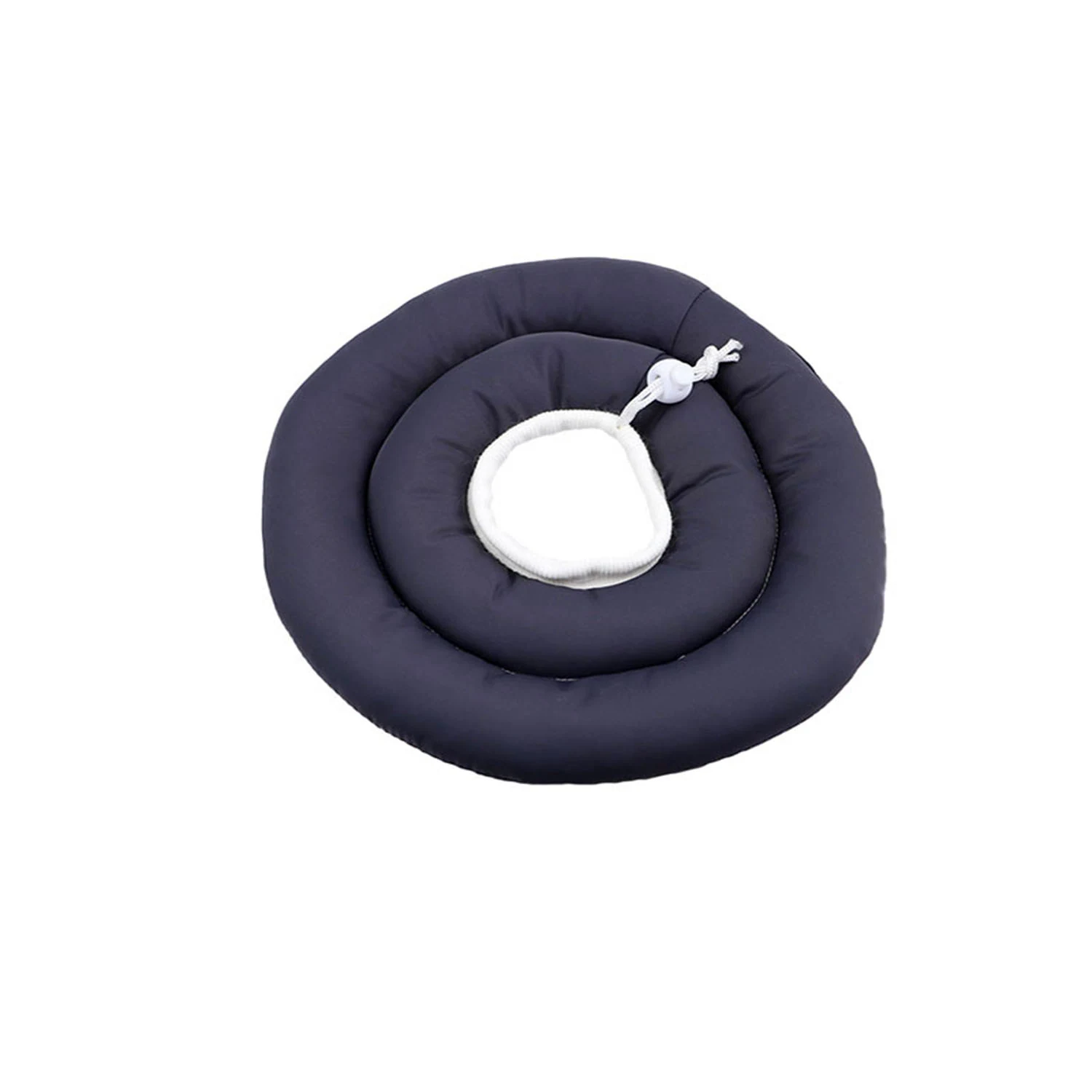 Dark blue circular padded baby nest with white center and drawstring