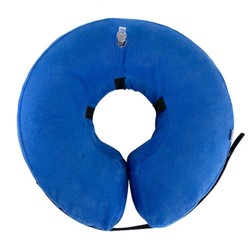 Blue circular inflatable donut pillow with a central hole and black straps