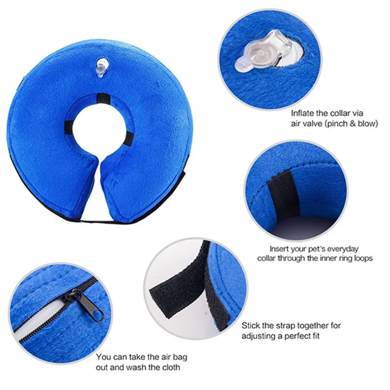 Blue inflatable pet collar with details on the air valve, velcro strap, zipper, and inner loops.