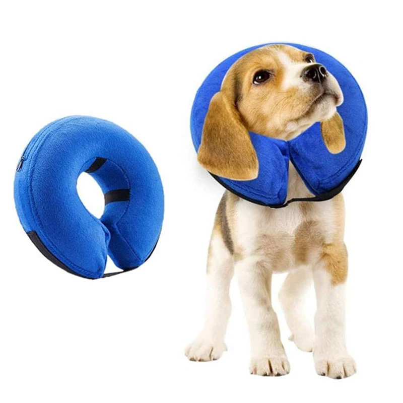 Blue soft inflatable dog neck cone shown on a puppy and as a separate item