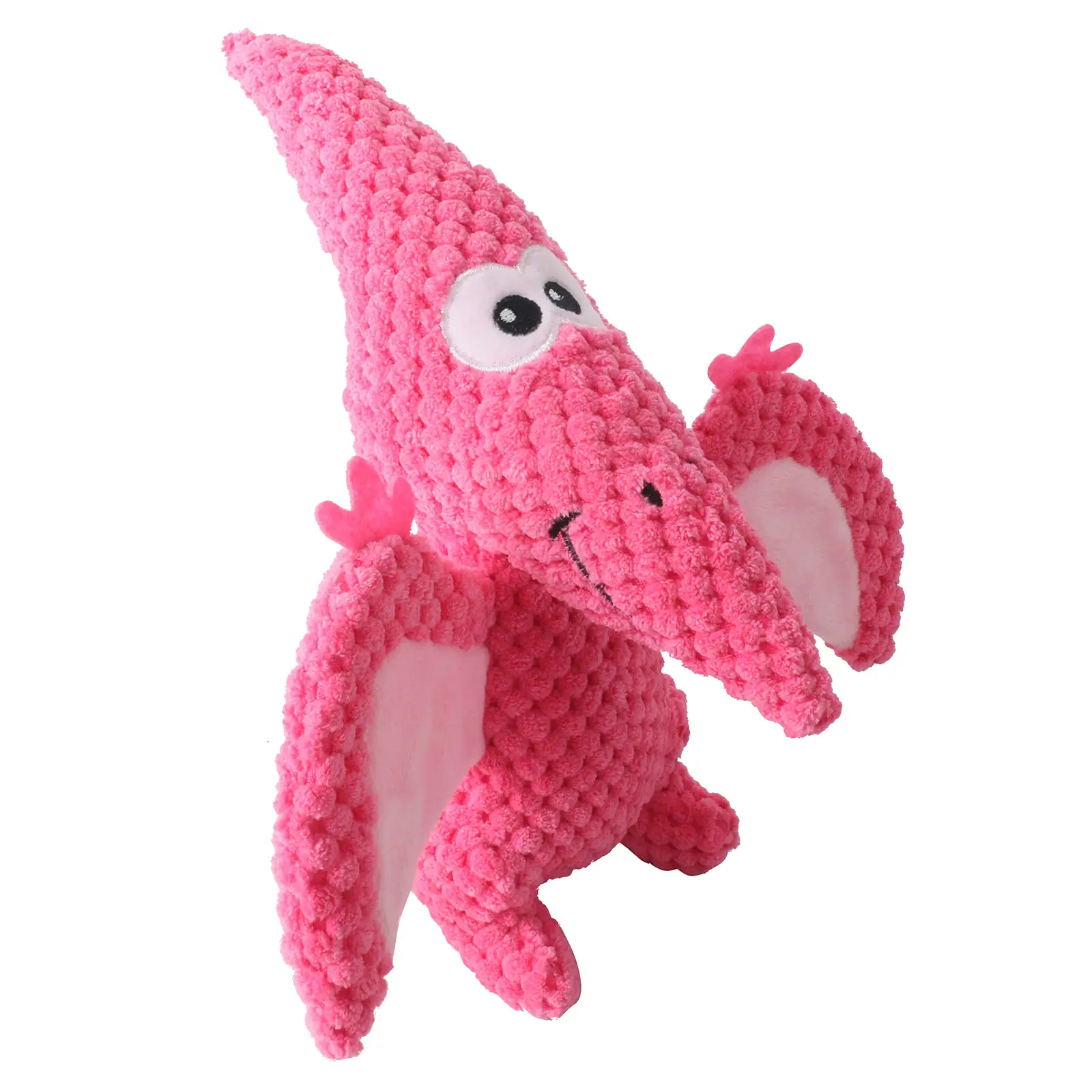 Pink crocheted pterodactyl plush toy with white wings and eyes on a white background