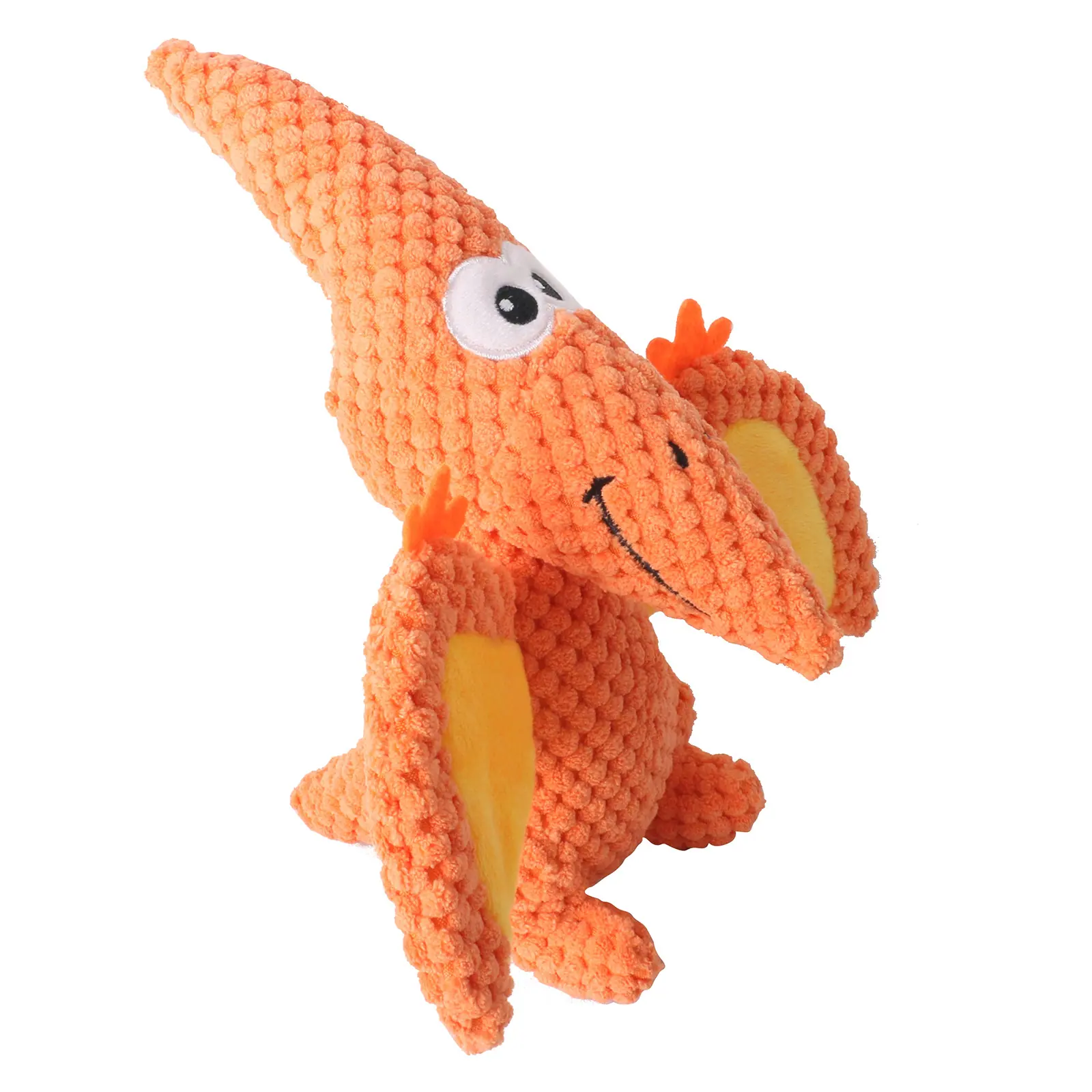 Orange crocheted pterodactyl toy with yellow wings and googly eyes on a white background