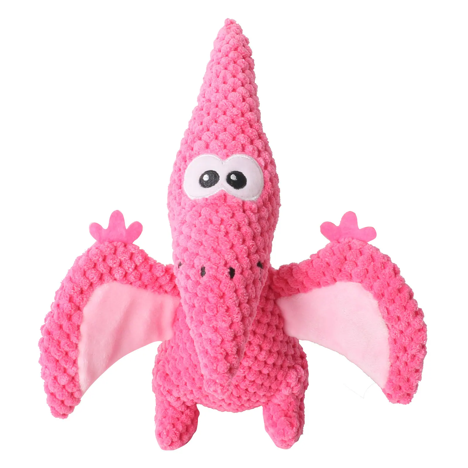 Pink crocheted pterodactyl plush toy with spread wings on a white background
