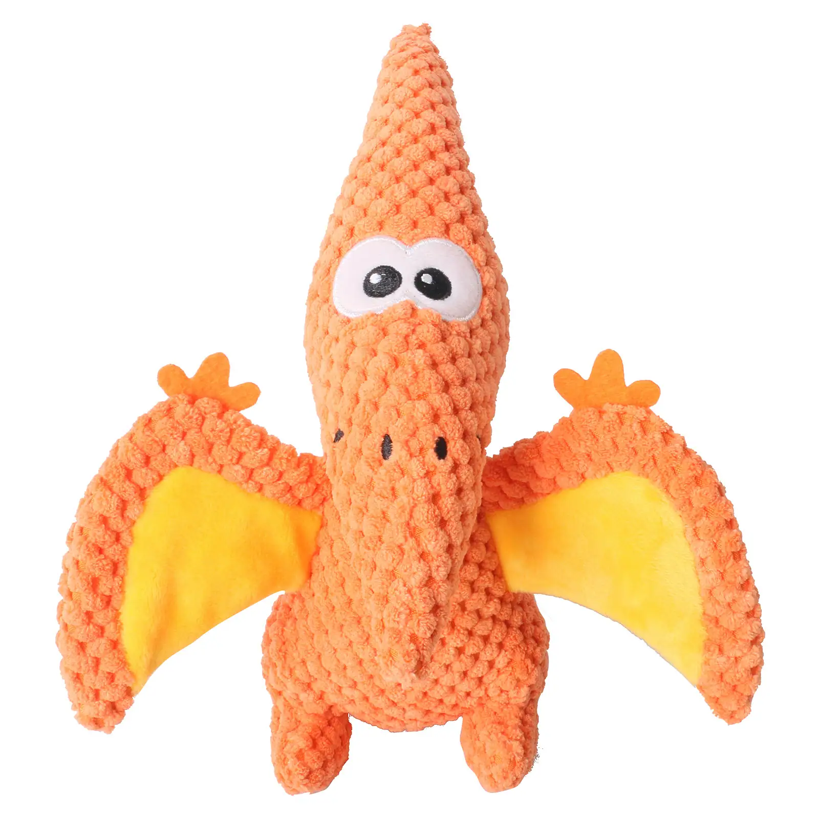 Orange crocheted pterodactyl plush toy with yellow wings on a white background