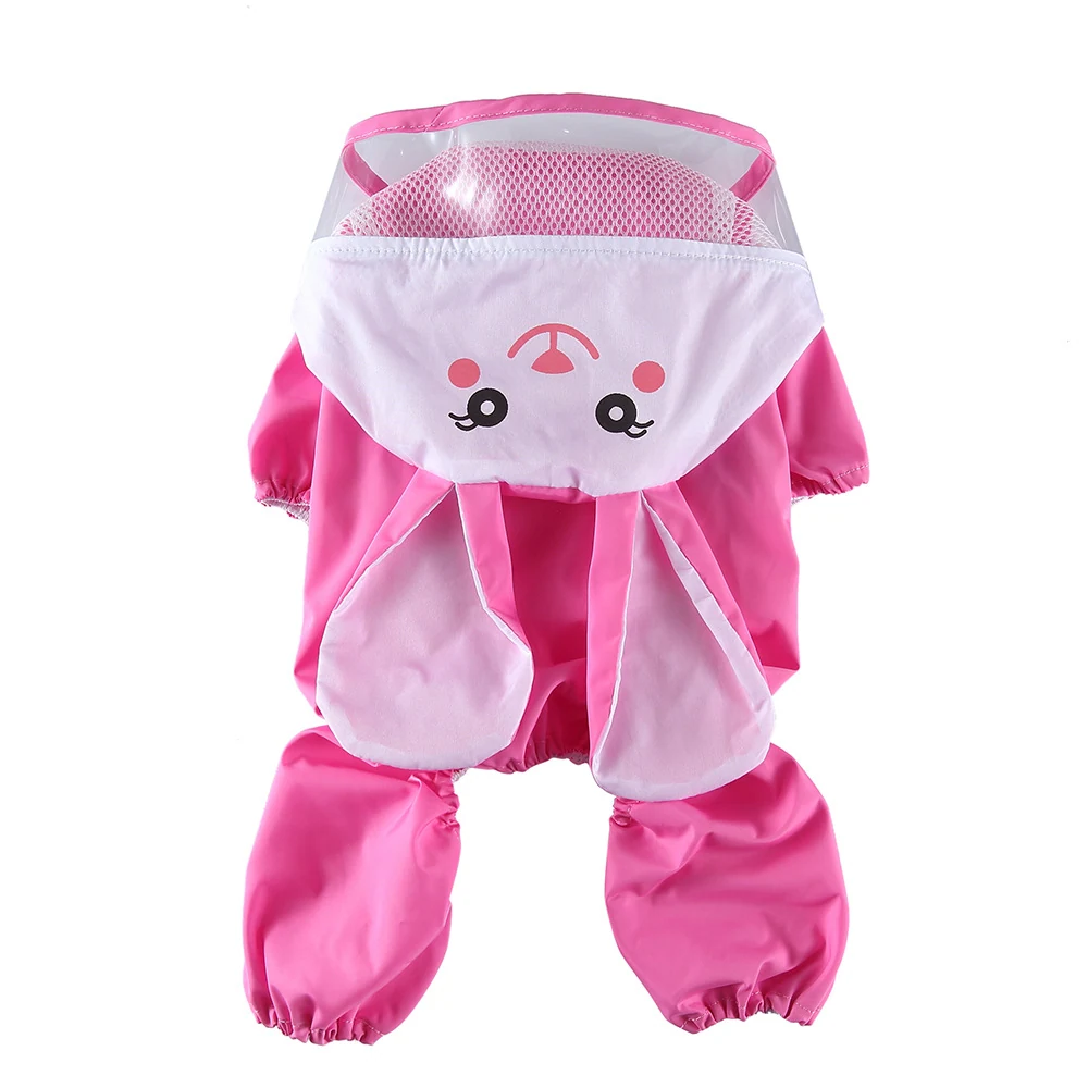 Pink full body rain suit for children with bunny ear design