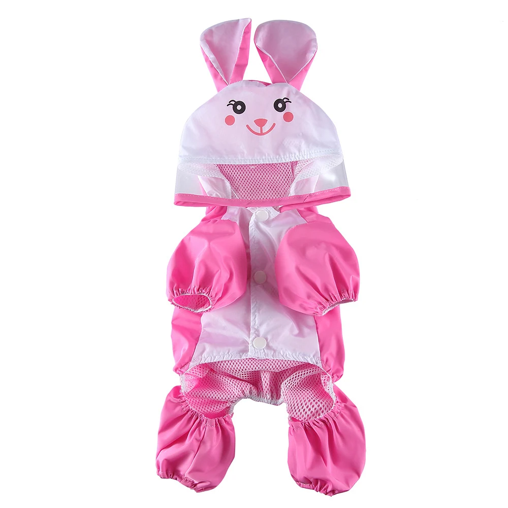 Pink and white pet raincoat with bunny ears and mesh panels displayed on a white background.