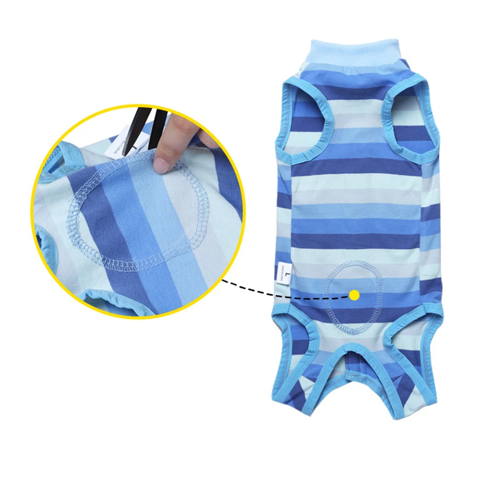 Blue and white striped dog shirt with a circular detail and an inset showing scissors cutting it
