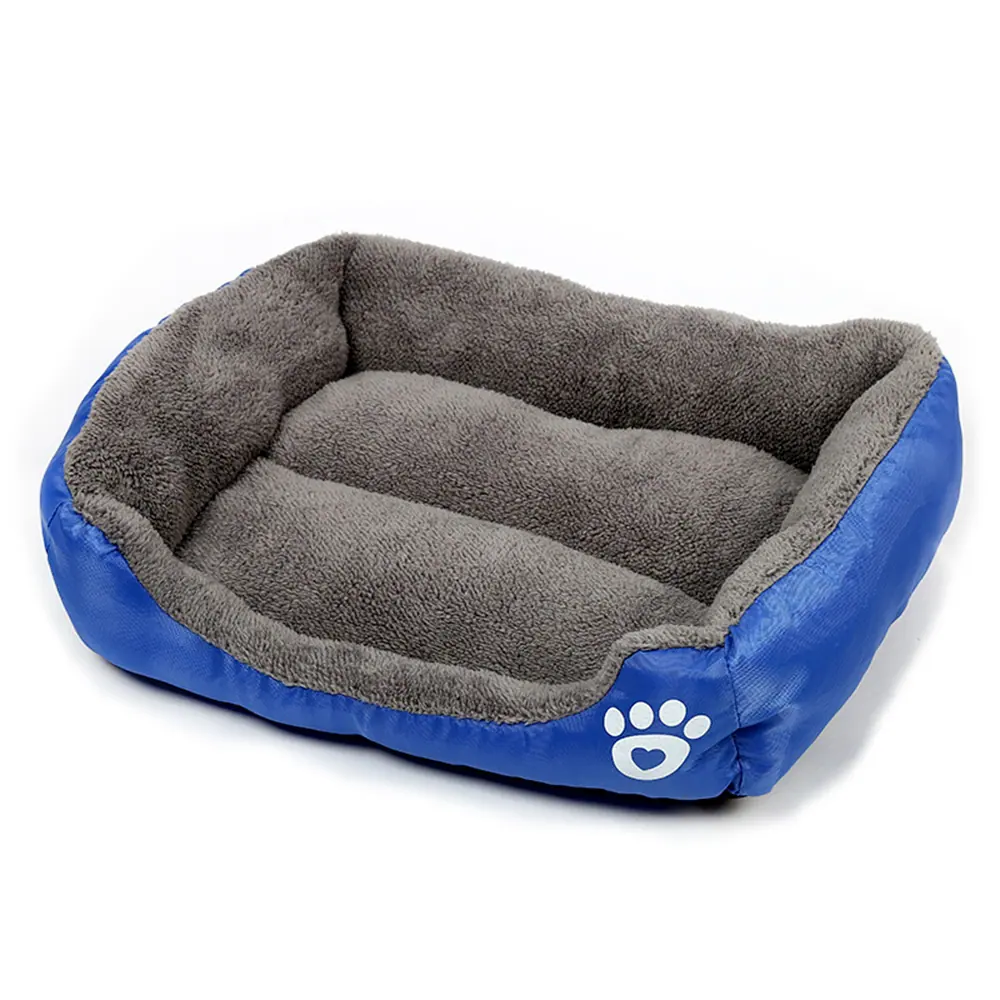 Blue and grey rectangular pet bed with plush interior and paw print logo on side