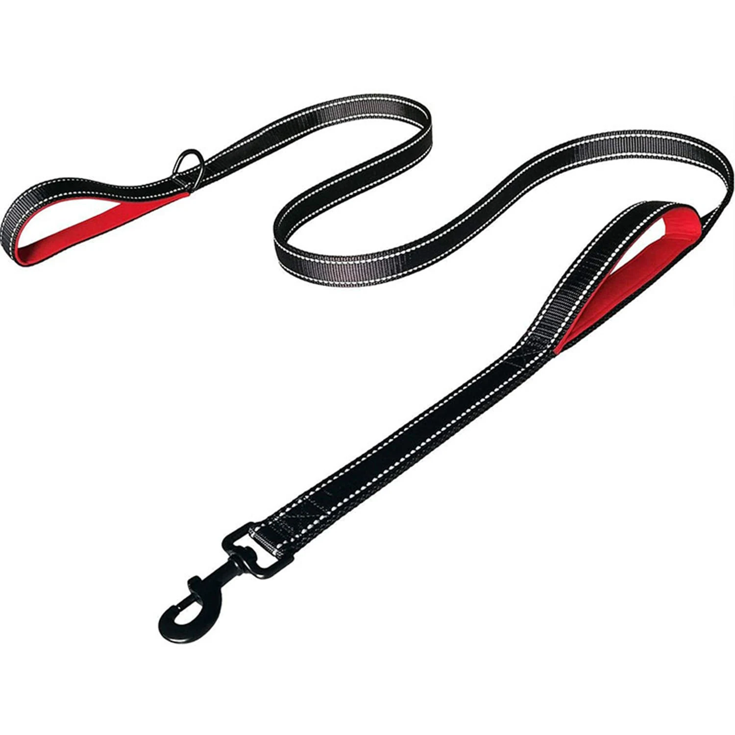 Black and red dog leash with reflective stitching and metal clip